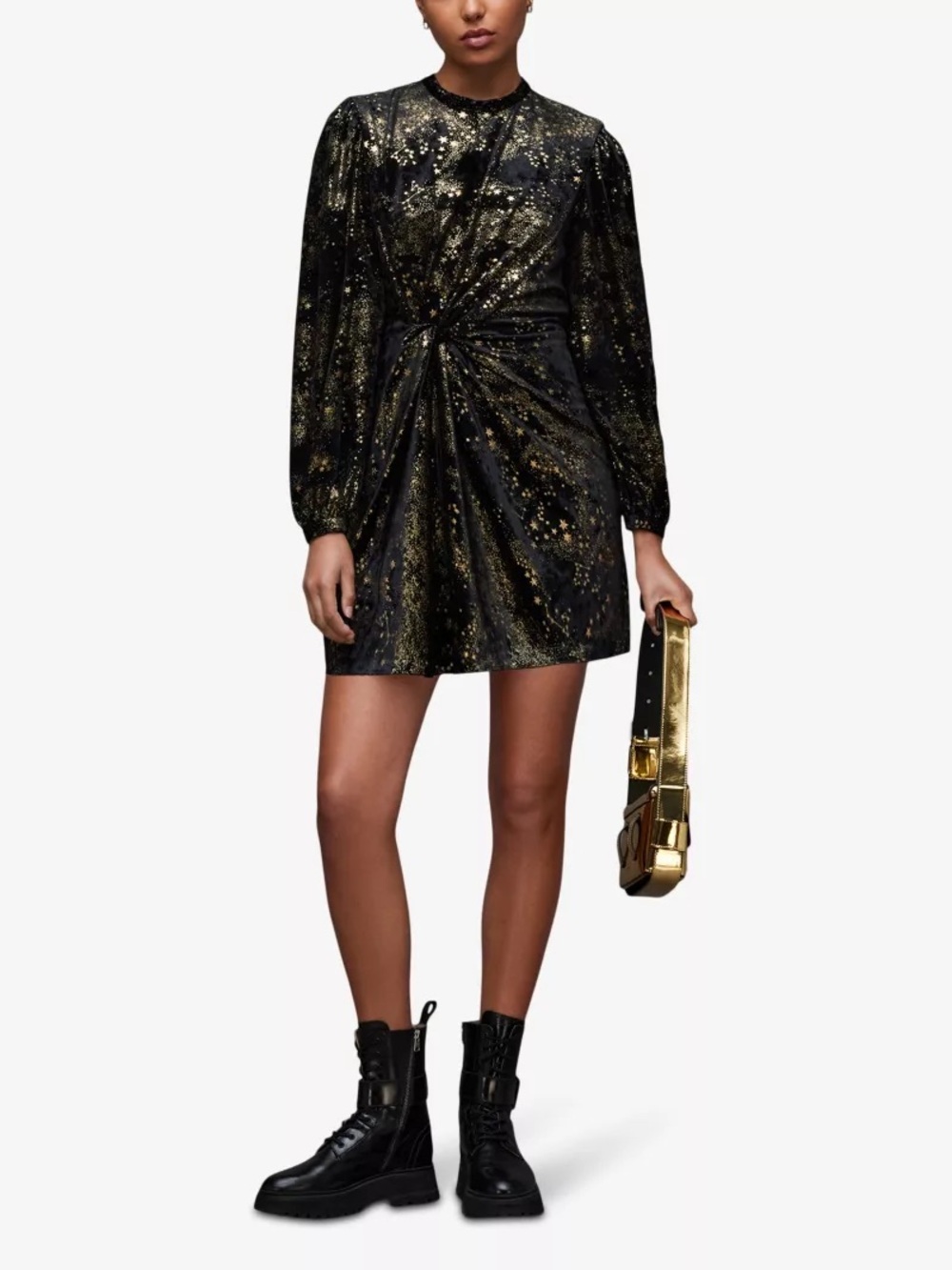 ✨ ALLSAINTS Jemima Star Dress - Gold Celestial Velvet Mini Dress (Size US 4 / UK